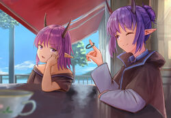  2girls arknights awning black_jacket black_shirt blue_sky cloud commentary cup day demon_horns elbow_rest hibiscus_(arknights) highres horns index_finger_raised jacket lava_(arknights) long_sleeves looking_at_another looking_at_viewer multiple_girls off-shoulder_shirt off_shoulder open_mouth outdoors pointy_ears purple_eyes purple_hair shirt short_hair sky smile tree uzurako v-shaped_eyebrows 