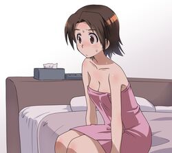  bare_shoulders blanket blush breasts brown_eyes brown_hair cleavage closed_mouth commentary female frown girls_und_panzer love_hotel medium_breasts naked_towel on_bed osamada_meika parted_bangs pillow sawa_azusa short_hair simple_background sitting solo sweat tissue_box towel white_background 