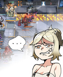  ... 3girls 3others absurdres amiya_(arknights) anger_vein arknights arts_master_a1_(arknights) bad_id bad_pixiv_id bare_shoulders bikini blonde_hair brown_eyes chibi clenched_teeth commentary drone frost_(enemy)_(arknights) game_screenshot hair_bun heads-up_display health_bar highres horns ifrit_(arknights) ifrit_(sunburn)_(arknights) moto_toshi multiple_girls multiple_others official_alternate_costume originium_arts_(arknights) quadcopter reunion_soldier_(arknights) saria_(arknights) senior_armed_militant_(arknights) short_hair single_hair_bun spoken_ellipsis swimsuit teeth upper_body white_bikini 