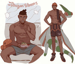  1boy abs black_hair boxers couch dark-skinned_male dark_skin eating flygon hands_on_own_hips holding knees male_focus male_underwear multiple_views open_mouth pokemon pokemon_(creature) pokemon_swsh raihan_(pokemon) rioru_(rioru_v_v) shoes short_hair shorts sitting spread_legs standing teeth topless_male trapinch undercut underwear 