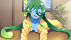  ahoge artist_request blue_skin blush breasts closed_eyes colored_skin couch female game_cg green_eyes green_hair indoors leaning_forward long_hair monster_girl monster_musume_no_iru_nichijou monster_musume_no_iru_nichijou_online naked_raincoat official_art open_mouth plant raincoat slime_girl small_breasts solo suu_(monster_musume) tentacle_hair very_long_hair yellow_raincoat 