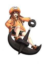  anchor anchor_symbol backpack bag bare_legs bike_shorts black_gloves black_shorts brown_hair cabbie_hat ebi_pri_shrimp female fingerless_gloves full_body gloves guilty_gear guilty_gear_strive hat hat_ornament highres hood hoodie jacket long_hair long_sleeves looking_at_viewer may_(guilty_gear) orange_footwear orange_hat orange_hoodie orange_jacket shorts skull_and_crossbones skull_hat_ornament smile solo standing standing_on_object white_background 