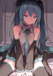  aqua_eyes aqua_hair aqua_necktie bare_shoulders black_footwear black_skirt black_sleeves boots commentary detached_sleeves female grey_shirt hair_ornament hatsune_miku headphones highres long_hair looking_at_viewer miku_day neck necktie on_floor pleated_skirt shirt sitting skirt sleeveless sleeveless_shirt solo spring2013 thigh_boots twintails very_long_hair vocaloid wariza wire zettai_ryouiki 