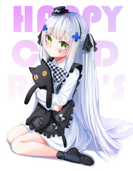  :&lt; absurdres aged_down apron bad_id bad_pixiv_id black_apron black_footwear black_ribbon black_socks blunt_bangs blush bow bowtie checkered_bow checkered_bowtie checkered_clothes closed_mouth collared_dress commentary dress facial_mark female frilled_apron frills full_body girls&#039;_frontline green_eyes hair_ornament hair_ribbon half_updo hareriya hat highres hk416_(black_kitty&#039;s_gift)_(girls&#039;_frontline) hk416_(girls&#039;_frontline) hugging_doll hugging_object loafers long_hair long_sleeves looking_at_viewer mini_hat official_alternate_costume one_side_up ribbon shadow shoes sidelocks sitting socks solo striped_clothes striped_socks stuffed_animal stuffed_cat stuffed_toy teardrop vertical-striped_clothes vertical-striped_socks very_long_hair wariza white_background white_dress white_hair x_hair_ornament 