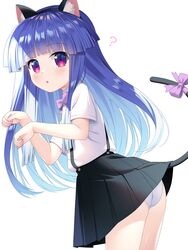  animal_ear_fluff animal_ears black_hairband blue_hair blunt_bangs bow cat_ears cat_tail chestnut_mouth collared_shirt commentary_request fake_animal_ears female furude_rika gaou_(babel) hairband higurashi_no_naku_koro_ni leaning_forward long_hair looking_at_viewer looking_to_the_side panties parted_lips paw_pose pink_bow purple_eyes shirt short_sleeves simple_background skirt solo suspender_skirt suspenders tail tail_bow tail_ornament underwear very_long_hair white_background white_panties white_shirt 