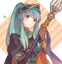  alternate_costume alternate_hairstyle aqua_eyes aqua_hair armor breastplate cape closed_mouth cosplay earrings eirika_(fire_emblem) eirika_(pledged_restorer)_(fire_emblem) ephraim_(fire_emblem) ephraim_(fire_emblem)_(cosplay) female fire_emblem fire_emblem:_the_sacred_stones fire_emblem_heroes gloves haconeri hair_ornament helm helmet holding holding_weapon jewelry long_hair looking_at_viewer official_alternate_costume polearm ponytail sidelocks smile solo spear upper_body weapon 