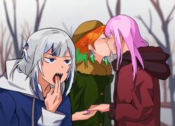  3girls alternate_costume blue_eyes blue_hair closed_eyes coat commentary_request gagging gawr_gura green_hair grey_hair hair_ornament hololive hololive_english hood hood_down kissing moonback0306 mori_calliope multicolored_hair multiple_girls open_mouth orange_hair outdoors pink_hair pink_nails shark_hair_ornament sharp_teeth streaked_hair takanashi_kiara teeth upper_teeth_only virtual_youtuber winter winter_clothes winter_coat yuri 