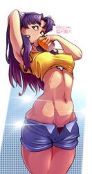  breasts crop_top cross cross_necklace drinking female greek_cross haysey highres jewelry katsuragi_misato long_hair medium_breasts midriff navel necklace neon_genesis_evangelion purple_hair scar short_shorts shorts solo stomach 