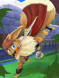  action_pose ambiguous_gender armor big_eyes blue_eyes brick_wall brown_hair cape clothed clothed_feral clothing day detailed_background dipstick_tail eevee female_(lore) feral fluffy fluffy_tail generation_1_pokemon glistening glistening_eyes grass hair hi_res knight landing leaf looking_at_viewer markings melee_weapon multicolored_tail neck_tuft nintendo object_in_mouth outside pawoo pink_nose plant pokemon pokemon_(species) pose shield slashing solo sword sword_in_mouth tail tail_markings tuft wall_(structure) warrior weapon weapon_rack wind 