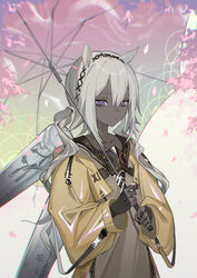  absurdres animal_ears arknights black_gloves brown_coat camel_ears camel_girl cherry_blossoms chromatic_aberration closed_mouth coat collarbone commentary dark-skinned_female dark_skin expressionless falling_petals female fingerless_gloves gloves hair_between_eyes highres holding holding_umbrella krin_(krinnin) long_hair long_sleeves petals purple_eyes solo tuye_(arknights) twintails umbrella upper_body very_dark_skin white_hair yellow_coat zebra_ears 