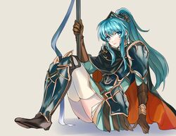  alternate_costume alternate_hairstyle aqua_eyes aqua_hair armor breastplate cape closed_mouth cosplay eirika_(fire_emblem) eirika_(pledged_restorer)_(fire_emblem) ephraim_(fire_emblem) ephraim_(fire_emblem)_(cosplay) female fire_emblem fire_emblem:_the_sacred_stones fire_emblem_heroes full_body gloves hair_ornament helm helmet holding holding_weapon kazuha_(kazuha1003) long_hair looking_at_viewer official_alternate_costume on_floor polearm ponytail sidelocks sitting skirt solo spear thighhighs weapon white_background 