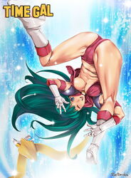  artist_name ass belt blue_eyes boots breasts cleavage copyright_name falling female gloves green_hair highres knee_boots kneepits legs long_hair looking_at_viewer no_bra one_eye_closed open_mouth red_shirt red_shorts reika_(time_gal) retorabi00 shirt short_shorts shorts smile solo spread_legs thighs time_gal underboob unworn_belt upside-down v white_footwear white_gloves 