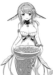  arm_belt bikini blush bracelet breasts choker cleavage cowboy_shot dot_nose duel1st_dki female fins greyscale hair_intakes head_fins highres holding_pan jewelry looking_at_viewer magia_record:_mahou_shoujo_madoka_magica_gaiden mahou_shoujo_madoka_magica mermaid monochrome monster_girl navel roe scales sidelocks signature solo starfish_hair_ornament steam_from_mouth suspicious_egg_dish swept_bangs swimsuit wheel_necklace white_background yakumo_mitama yakumo_mitama_(mermaid_ver.) 