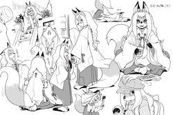  3:2 anthro asian_clothing asian_mythology canid canine clothing digital_media_(artwork) disembodied_hand duo east_asian_clothing east_asian_mythology female fox hair human japanese japanese_clothing japanese_mythology japanese_text kemono kikurage kimono male mammal monochrome mythology okitsune-sama_(kikurage) shrine_maiden simple_background sketch_page solo_focus text 