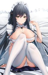  :/ absurdres azur_lane black_hair blush breasts choker cleavage closed_mouth cross-laced_clothes crotchless crotchless_pantyhose detached_sleeves feet_out_of_frame female frilled_choker frilled_hairband frilled_sleeves frills green_eyes hair_between_eyes hairband hand_up highres huge_breasts indomitable_(azur_lane) indomitable_(ms._motivationless_maid)_(azur_lane) kafeifeifeifeifeifei_jiemo_jun knees_together_feet_apart knees_up long_hair looking_at_viewer lying maid_headdress official_alternate_costume on_back panties pantyhose pantyshot revealing_clothes sidelocks solo thighs underwear very_long_hair white_choker white_panties white_pantyhose 