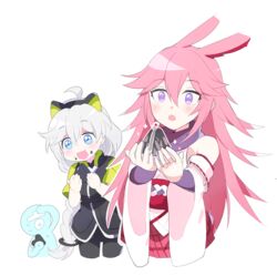  2girls :d :o animal_ears antenna_hair bare_shoulders black_jacket blue_eyes braid braided_ponytail commentary food food_on_face fox_ears hair_between_eyes headband holding holding_food honkai_(series) honkai_impact_3rd jacket jin2 kallen_kaslana kallen_kaslana_(ritual_imayoh) looking_at_food multiple_girls open_mouth pink_hair pink_skirt purple_eyes short_sleeves simple_background skirt smile sparkle symbol-only_commentary white_background white_hair yae_sakura yae_sakura_(gyakushinn_miko) 