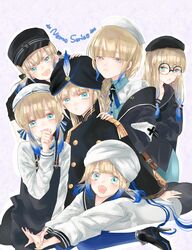  1boy 5others apron asa_(1asa-0-asa1) bad_id bad_pixiv_id bag baker_nemo_(fate) belt beret black_apron black_headwear black_jacket black_sailor_collar black_shorts blue_dress blue_hair blue_neckwear blue_pants blue_sailor_collar blue_shirt blush braid braided_ponytail captain_nemo_(fate) closed_eyes collared_shirt dress dress_shirt engineer_nemo_(fate) fate/grand_order fate_(series) glasses gradient_hair green_eyes grey_headwear grey_shirt hat hat_feather high_heels highres jacket light_brown_hair long_hair long_sleeves looking_at_viewer low_twintails lying male_focus marine_nemo_(fate) medium_hair multicolored_hair multiple_others nemo_(fate) nurse_cap nurse_nemo_(fate) off_shoulder on_stomach open_clothes open_jacket open_mouth pants professor_nemo_(fate) round_eyewear sailor_collar shirt short_hair short_sleeves short_twintails shorts shoulder_bag sidelocks sleeves_past_fingers sleeves_past_wrists smile suspenders thighs tight_clothes tight_pants turban twintails two-tone_hair white_headwear white_shirt 