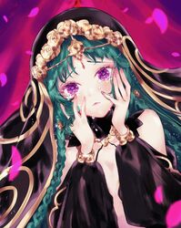  asa_(1asa-0-asa1) bad_id bad_pixiv_id bare_shoulders blush braid breasts crying detached_collar detached_sleeves fate/grand_order fate_(series) female green_hair highres long_hair long_sleeves looking_at_viewer medium_breasts petals puffy_long_sleeves puffy_sleeves purple_eyes salome_(fate) sidelocks solo twin_braids veil 