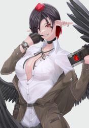  alternate_costume alternate_hairstyle amekudaki bad_id bad_pixiv_id belt bird_wings black_gloves black_hair black_wings breasts brown_coat buttons camera choker coat collared_shirt dress_shirt ear_piercing earrings eyelashes eyes_visible_through_hair facial_mark feathered_wings female finger_in_own_mouth gloves grey_background grin half_gloves hands_up hat highres holding holding_camera jewelry large_breasts lips long_sleeves looking_at_viewer multicolored_hair neck_ribbon no_bra partially_unbuttoned piercing pocket pointy_ears red_eyes red_hair ribbon shameimaru_aya shirt short_hair simple_background smile solo tokin_hat touhou two-tone_hair watch white_shirt wing_collar wings wristwatch 