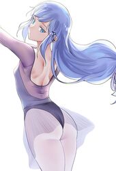  arched_back ass athletic_leotard back backless_leotard backless_outfit backlighting ballerina ballet ballet_dress blue_eyes blue_leotard breasts closed_mouth commentary_request cowboy_shot expressionless female from_behind grey_hair hair_ornament hairclip head_tilt highres idolmaster idolmaster_million_live! idolmaster_million_live!_theater_days leotard long_hair long_sleeves looking_at_viewer looking_back nakamura_rohane outstretched_arms pantyhose see-through shiraishi_tsumugi shoulder_blades sidelocks simple_background skirt small_breasts solo standing very_long_hair white_background white_pantyhose 