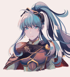  alternate_costume alternate_hairstyle aqua_eyes aqua_hair armor breastplate cape cosplay earrings eirika_(fire_emblem) eirika_(pledged_restorer)_(fire_emblem) ephraim_(fire_emblem) ephraim_(fire_emblem)_(cosplay) female fire_emblem fire_emblem:_the_sacred_stones fire_emblem_heroes hair_between_eyes hair_ornament helm helmet jewelry kabitakamaboko long_hair official_alternate_costume ponytail sidelocks smile solo upper_body very_long_hair white_background 