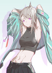  abs absurdres animal_ears armpits arms_up black_shirt blue_jacket braid breasts cat_ears chromatic_aberration closed_mouth cowboy_shot crop_top expressionless eyebrow_cut female grey_hair highres jacket krin_(krinnin) long_hair medium_breasts midriff navel open_clothes open_jacket original pink_eyes shirt side_braid sleeveless sleeveless_shirt sleeves_rolled_up solo yellow_pupils 