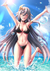  absurdres arms_up bikini blush breasts choker cleavage closed_eyes dead_angels female fu_hua fu_hua_(herrscher_of_sentience) hair_ornament highres honkai_(series) honkai_impact_3rd long_hair navel ocean open_mouth smile solo sunlight swimsuit water 