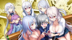  6+girls azur_lane black_skirt blue_cardigan blue_jacket blush book bow breasts cardigan cleavage collared_shirt commentary_request covering_own_eyes full-face_blush gangut_(azur_lane) grey_hair hair_between_eyes highres hisasi huge_breasts jacket kabedon kirov_(azur_lane) large_breasts leaning_forward loading_screen long_hair long_sleeves miniskirt minsk_(azur_lane) mole mole_on_breast multicolored_hair multiple_girls official_alternate_costume official_art open_book paneled_background partial_commentary partially_unbuttoned pink_shirt plaid plaid_skirt pleated_skirt purple_bow purple_eyes purple_hair purple_jacket reading red_eyes school_uniform shirt skirt sleeveless smile sovetskaya_rossiya_(azur_lane) sovetsky_soyuz_(azur_lane) streaked_hair tallinn_(azur_lane) tashkent_(azur_lane) two-tone_hair very_long_hair white_hair white_shirt wing_collar yellow_eyes 