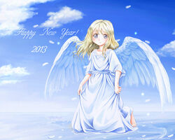  2013 angel angel_wings barefoot blonde_hair blue_eyes cloud commentary_request day dress female happy_new_year kahis_(sweetbriar) kneeling long_hair new_year original photoshop_(medium) sky smile solo wings 