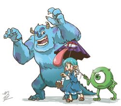  2boys blue_eyes blue_fur blue_hair blue_skirt blue_vest blush_stickers chamaji commentary_request crossover cyclops fangs female geta green_eyes heterochromia horns james_p._sullivan karakasa_obake mike_wazowski monster monsters_inc. multiple_boys one-eyed open_mouth red_eyes roaring short_hair signature simple_background skirt tatara_kogasa teaching tongue tongue_out touhou trait_connection umbrella vest white_background 