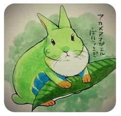  2015 :&lt; ambiguous_gender amphibian blue_body blue_fur border brown_eyes dewlap_(anatomy) frog fur fusion green_body green_fur hybrid ichthy0stega japanese_text lagomorph leaf leporid looking_at_viewer mammal multicolored_body multicolored_fur orange_body orange_fur orange_paws quadruped rabbit red-eyed_treefrog solo text traditional_media_(artwork) translated tree_frog whiskers white_body white_border white_fur 