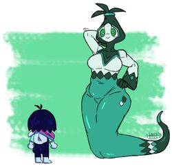  1girls 2020 :&gt; ambiguous_sex artist_signature ass_cheeks back_view black_hair blue_skin bottomwear cute darkner deltarune diamond-shaped_eyes diamond_patern_clothing diamond_pattern female female_focus green_eyes hand_behind_head hood kris_(deltarune) lamia larger_female little_hareboy looking_at_partner monster monster_girl motion_lines original_character rear_view rudinn rudinn_queen serpentine short_hair showing_off simple_background sketch small_breasts smaller_human teal_skin topwear undertale_(series) white_background wide_hips wiggle wiggle_lines 