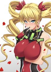  bare_shoulders blonde_hair blue_eyes blush breasts claire_harvey commentary_request drill_hair earrings female gloves hundred_(light_novel) jewelry large_breasts leotard long_hair looking_at_viewer namakemono_(u446644k) pout red_leotard solo twin_drills 