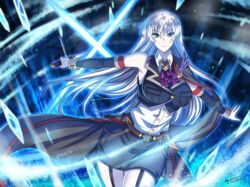  black_skirt blue_eyes commentary_request dated detached_sleeves female garter_straps highres holding holding_sword holding_weapon long_hair looking_at_viewer original signature silver_hair skirt solo sword the-sinner weapon 