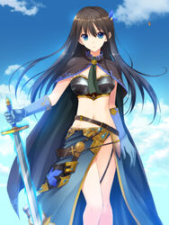  belt brown_hair cape commentary_request female gloves granblue_fantasy green_eyes idolmaster idolmaster_cinderella_girls long_hair photoshop_(medium) shibuya_rin solo sword takepon weapon 