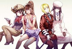  4girls arm_ribbon arm_support bad_id bad_pixiv_id bare_shoulders belt belt_buckle black_footwear black_gloves black_hair blonde_hair blue_eyes blush boots brown_hair buckle buttons closed_mouth coat collared_shirt cowboy_hat crop_top dress_shirt fur_collar fur_hat fur_trim gloves green_eyes gun hair_ornament hand_up handgun hat high_heels high_ponytail highres holding holding_gun holding_weapon holster invisible_chair jacket kyasariro_totona leg_ribbon long_coat long_hair long_sleeves looking_at_viewer maeshima_shigeki midriff milepoch_finedel military military_uniform multiple_girls necktie noloty_malche open_mouth pants parted_lips ponytail purple_eyes red_jacket red_pants red_vest ribbon scarf sheath sheathed shirt shoes short_hair short_shorts shorts sidelocks sitting smile sword tank_top tatakau_shisho uniform very_long_hair vest weapon white_coat white_gloves white_shirt wing_collar yuri_hamlow 