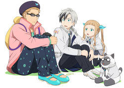  2boys aqua_footwear aqua_ribbon artist_name backpack bad_id bad_pixiv_id bag beret black-framed_eyewear black_footwear black_gloves black_hair black_pants blunt_bangs brothers brown_hair constricted_pupils cosplay elle_mel_martha elle_mel_martha_(cosplay) feline female flower full_body glasses gloom_(expression) gloves green_eyes grey_hair grey_jacket hair_ribbon hand_on_own_knee hat highres holding holding_flower jacket julius_will_kresnik julius_will_kresnik_(cosplay) kneeling long_hair long_sleeves looking_at_another ludger_will_kresnik mary_janes multicolored_hair multiple_boys open_clothes open_jacket pants pink_jacket polka_dot_pants ribbon rollo_(tales) shoes short_hair siblings sidelocks simple_background single_glove striped_clothes striped_pants striped_thighhighs tales_of_(series) tales_of_xillia tales_of_xillia_2 thighhighs triangle_mouth twintails two-tone_hair umishima_senbon vertical-striped_clothes vertical-striped_thighhighs white_background white_footwear 