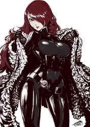  anime_style atlus belt black_bodysuit bodysuit breasts clothed clothing female fur_coat hair_over_one_eye hourglass_figure image lipstick long_hair medium_breasts mitsuru_kirijo omniformblue persona persona_3 persona_4_arena pin-up pin_up realistic_breast_size red_eyes red_hair red_lipstick shiny shiny_hair solo white_background 