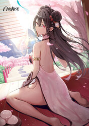  2r-_(pixiv8168114) absurdres alchemy_stars armlet backless_dress backless_outfit bare_legs barefoot black_hair breasts cherry_tree china_dress chinese_clothes closed_mouth dress falling_petals female fingerless_gloves floating_hair flower food from_behind gloves hair_between_eyes hair_flower hair_ornament highres large_breasts long_hair looking_at_viewer looking_back mountain petals pink_dress pink_eyes sitting solo thighs tree wagashi wariza wind yao_(alchemy_stars) 