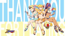  3girls alia_(mega_man) android blonde_hair blue_eyes blunt_bangs breasts dark-skinned_female dark_skin drink english_text flat_chest food green_eyes hair_over_eyes headgear hime_cut ice_cream large_breasts layer_(mega_man) logo long_hair mega_man_(series) mega_man_x8 mega_man_x_(series) mizuno_keisuke mole mole_under_eye multiple_girls official_art official_wallpaper open_mouth pallette_(mega_man) purple_hair robot sandals sitting smile swimsuit thank_you third-party_source twintails underboob 