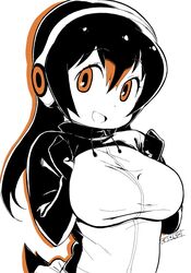  black_hair breasts brown_eyes commentary female gentoo_penguin_(kemono_friends) hair_between_eyes headphones highres hood jacket kemono_friends large_breasts long_hair long_sleeves looking_at_viewer masuyama_ryou open_mouth signature smile solo white_background 