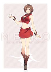  :d absurdres artist_name bare_arms bare_shoulders black_shirt boots border breasts brown_eyes brown_footwear brown_hair character_name cleavage collar commentary crop_top date_pun female full_body highres jacket large_breasts looking_at_viewer meiko_(vocaloid) meiko_(vocaloid3) midriff navel number_pun open_mouth photoshop_(medium) red_collar red_jacket red_skirt shirt short_hair skirt sleeveless sleeveless_jacket smile solo striped striped_background teeth upper_teeth_only vocaloid white_border yen-mi 