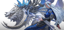  2girls artist_name artstation_username ass blue_dress blue_skin breasts colored_skin dragon dress elezen elf final_fantasy final_fantasy_xiv fur_collar glowing glowing_eyes grey_hair highleg highleg_leotard highres horns hraesvelgr_(ff14) kevin_glint leotard long_hair looking_afar multiple_girls pointy_ears sash shiva_(final_fantasy) sideboob signature simple_background white_background white_sash ysayle_dangoulain 