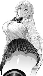  ass bad_id bad_twitter_id blush bow bowtie breasts collared_shirt daraz female greyscale highres large_breasts long_hair looking_at_viewer monochrome nakiri_erina school_uniform shirt shokugeki_no_souma simple_background skirt solo thighhighs thighs tootsuki_saryou_ryouri_gakuen_uniform wet wet_clothes white_background 