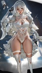  2b_(nier:automata) artist_name ass_visible_through_thighs black_gloves breasts bridal_veil bride bright_pupils cleavage cleavage_cutout clothing_cutout dress drone elbow_gloves female floating gloves grey_eyes hair_between_eyes high-low_skirt highres holding holding_sword holding_weapon katana large_breasts leotard mole mole_under_mouth nier:automata nier_(series) no_blindfold non-humanoid_robot pod_(nier:automata) puffy_sleeves rached ribbon robot science_fiction see-through short_hair skirt sword thigh_strap thighhighs thighs two-tone_gloves veil virtuous_contract weapon wedding_dress white_hair white_leotard white_pupils white_ribbon white_skirt white_thighhighs 