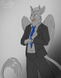  anthro avian business clothing costume digital_media_(artwork) dressing feathered_ears feathers gryphon hi_res male mythological_avian mythological_creature mythology necktie open_mouth serious solo suit sunny_way wings work 