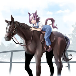  :d aged_down animal animal_ears bow brown_footwear brown_hair collared_shirt commentary_request creature_and_personification ear_ribbon female hachimaki hairband headband horse horse_ears horse_girl horse_tail horseback_riding irony leaning_forward long_hair multicolored_hair name_connection no_socks open_mouth overalls partial_commentary photoshop_(medium) purple_bow purple_eyes real_life recursion riding shirt shoes short_hair short_sleeves smile solo special_week_(racehorse) special_week_(umamusume) swept_bangs tail tonpuu two-tone_hair umamusume white_hairband white_headband white_shirt 