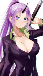  arm_behind_back bad_id bad_pixiv_id black_headband black_horns blazer breasts cleavage closed_mouth collarbone collared_shirt female green_shirt hair_between_eyes headband highres holding holding_sword holding_weapon horns jacket large_breasts light_purple_hair long_hair long_sleeves looking_at_viewer meen_(ouaughikepdvrsf) multicolored_hair oni oni_horns open_clothes ponytail purple_eyes purple_hair purple_jacket shion_(tensei_shitara_slime_datta_ken) shirt simple_background single_horn solo streaked_hair sword tensei_shitara_slime_datta_ken two-tone_hair upper_body very_long_hair weapon white_background 