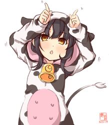  2021 alternate_costume animal_costume animal_hood animal_print artist_logo bell black_hair brown_eyes chestnut_mouth chinese_zodiac commentary_request cow_costume cow_hood cow_print cow_tail cowbell dated female highres hood hood_up hoodie horns_pose kanon_(kurogane_knights) kantai_collection light_blush long_hair mikazuki_(kancolle) new_year open_mouth print_hoodie simple_background solo tail white_background year_of_the_ox 