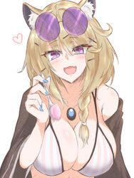  :d arknights bikini blue_nails blush braid breasts brown_hair brown_jacket cleavage eyewear_on_head female hair_ornament hairclip hand_up highres jacket jewelry large_breasts long_hair looking_at_viewer maiq06 necklace oerba_yun_fang off_shoulder official_alternate_costume open_mouth purple-tinted_eyewear purple_eyes round_eyewear simple_background single_bare_shoulder skin_fang smile solo striped_bikini striped_clothes sunglasses swimsuit tinted_eyewear upper_body utage_(arknights) utage_(summer_flowers)_(arknights) white_background 